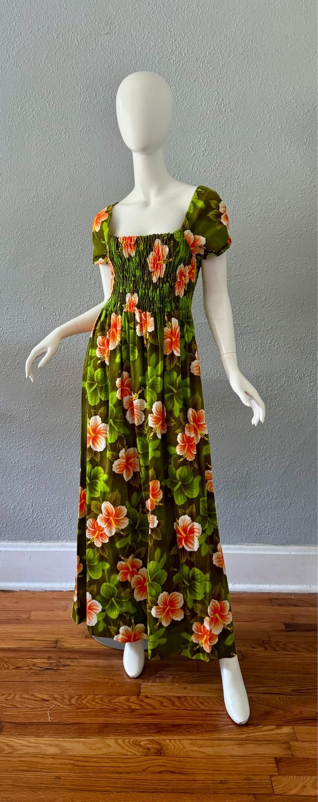 Vintage 60s Psychedelic Green Tropical HAWAIIAN Barkcloth Maxi Hippie Dress M