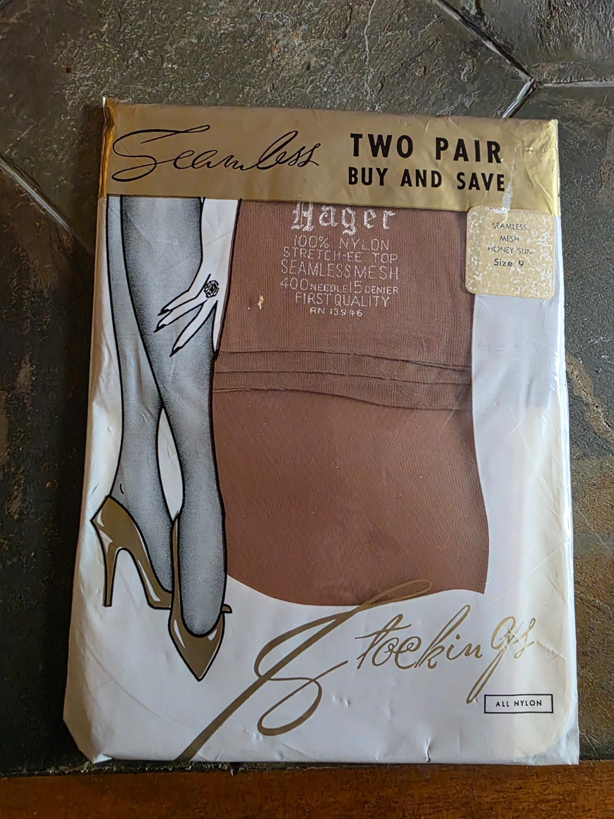 NIP Vintage Hager Seamless Mesh 100% Nylon Stockings Size 9 Honey Sun 2 PAIR