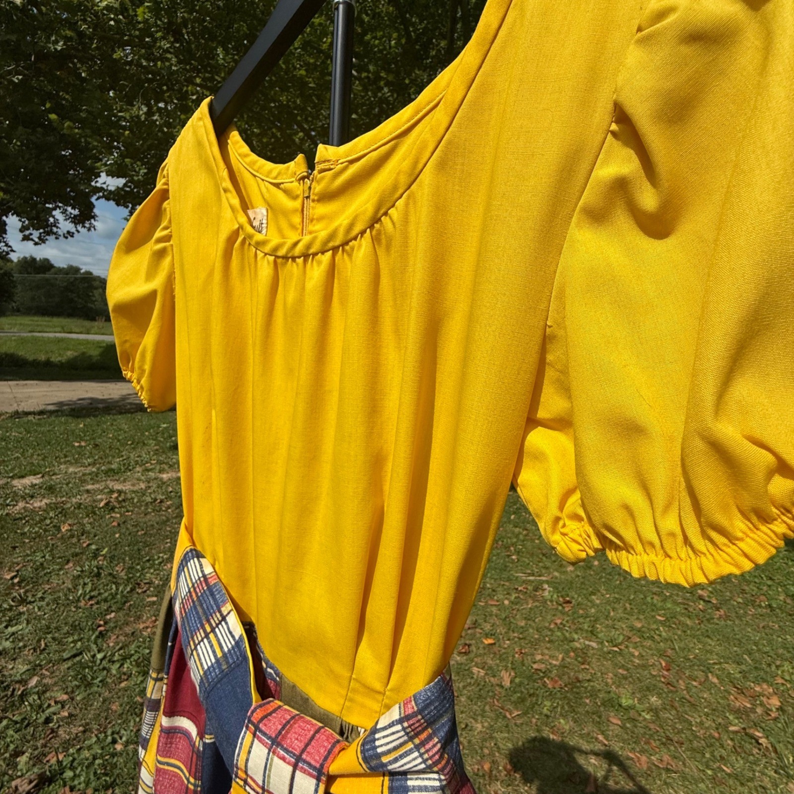 Vintage Lounge Craft Patchwork Plaid Maxi Dress Yellow 70s ILGWU Union Made 10