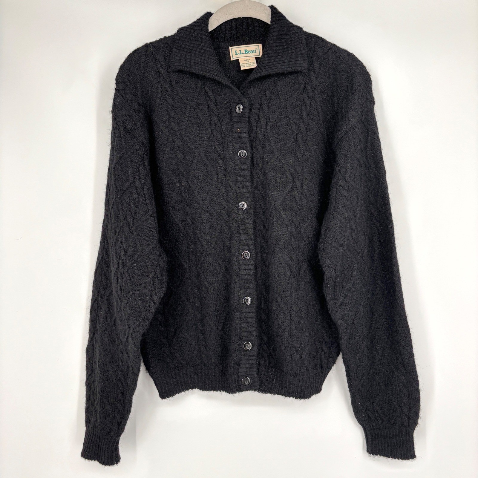 Vintage LL Bean Cardigan Alpaca Wool Cable Knit Button Front Textured Black M