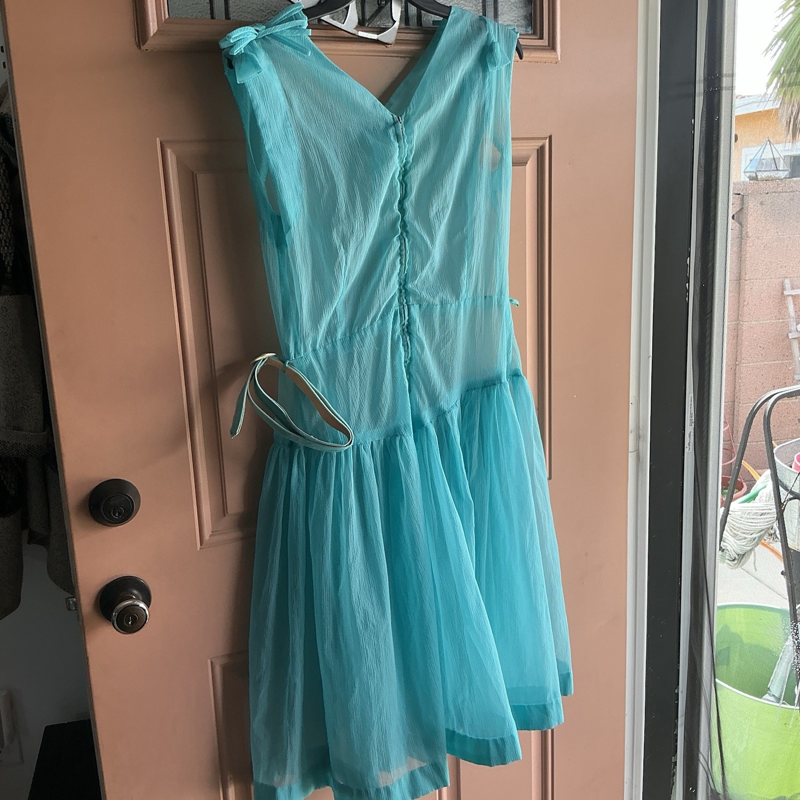 Vintage Handmade Aqua Blue Chiffon Midi Dress Tie Shoulder Belted Boho Women’s M
