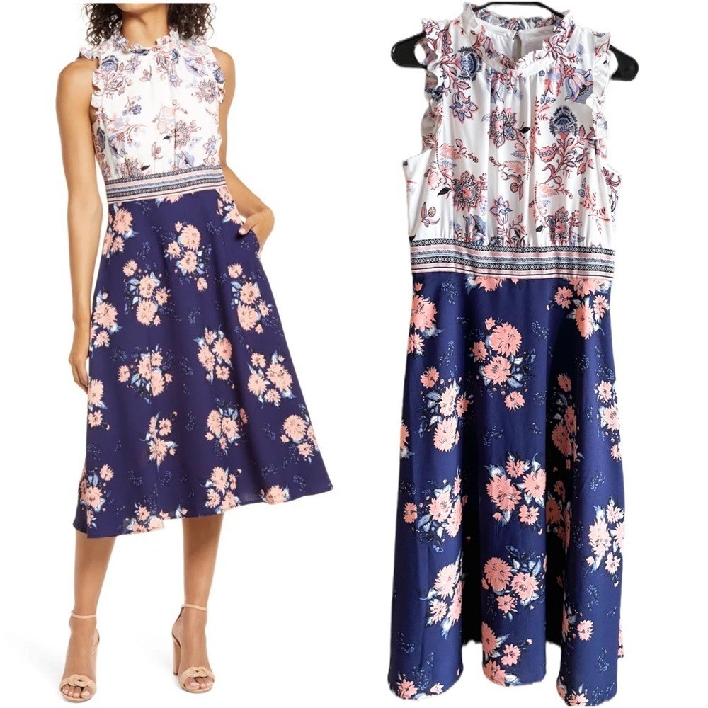 Vince Camuto Retro Looking Ruffle Trim Floral Mixed Print Crepe Midi Dress