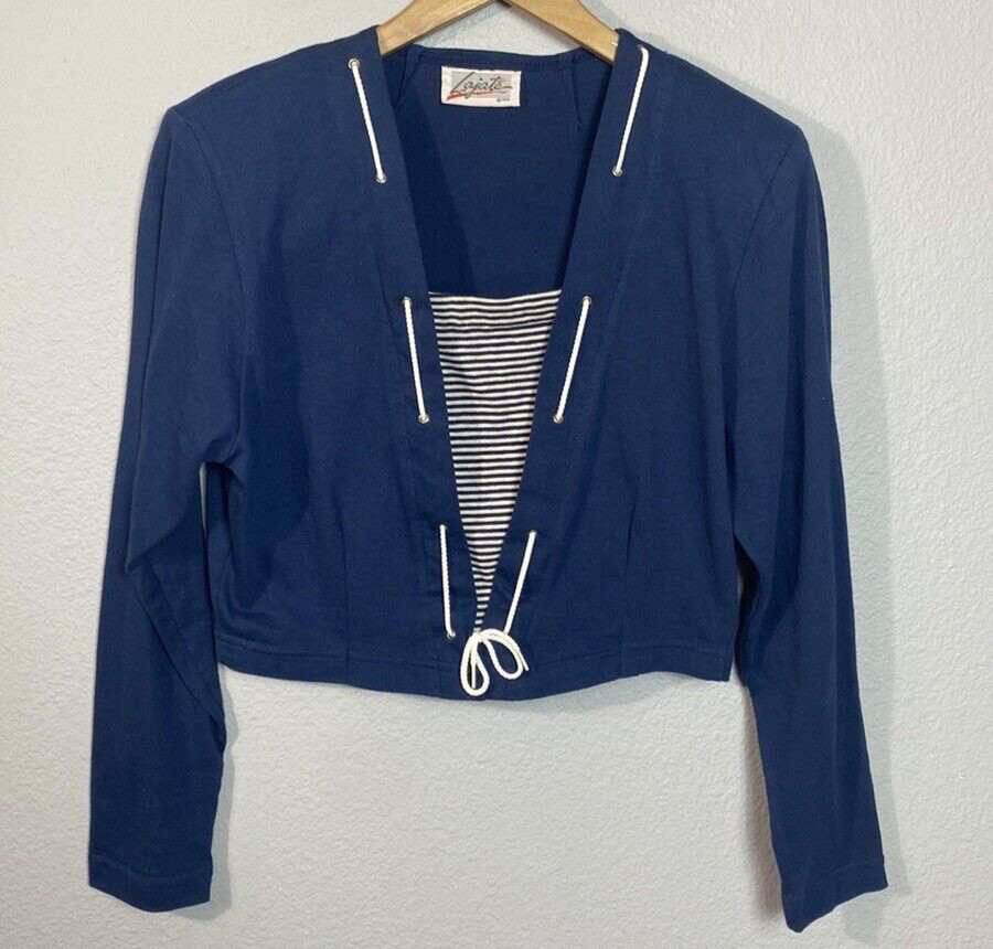 Vintage 80’s Lajate USA Sailor Nautical Cropped Medium Nay Blue White V-Neck