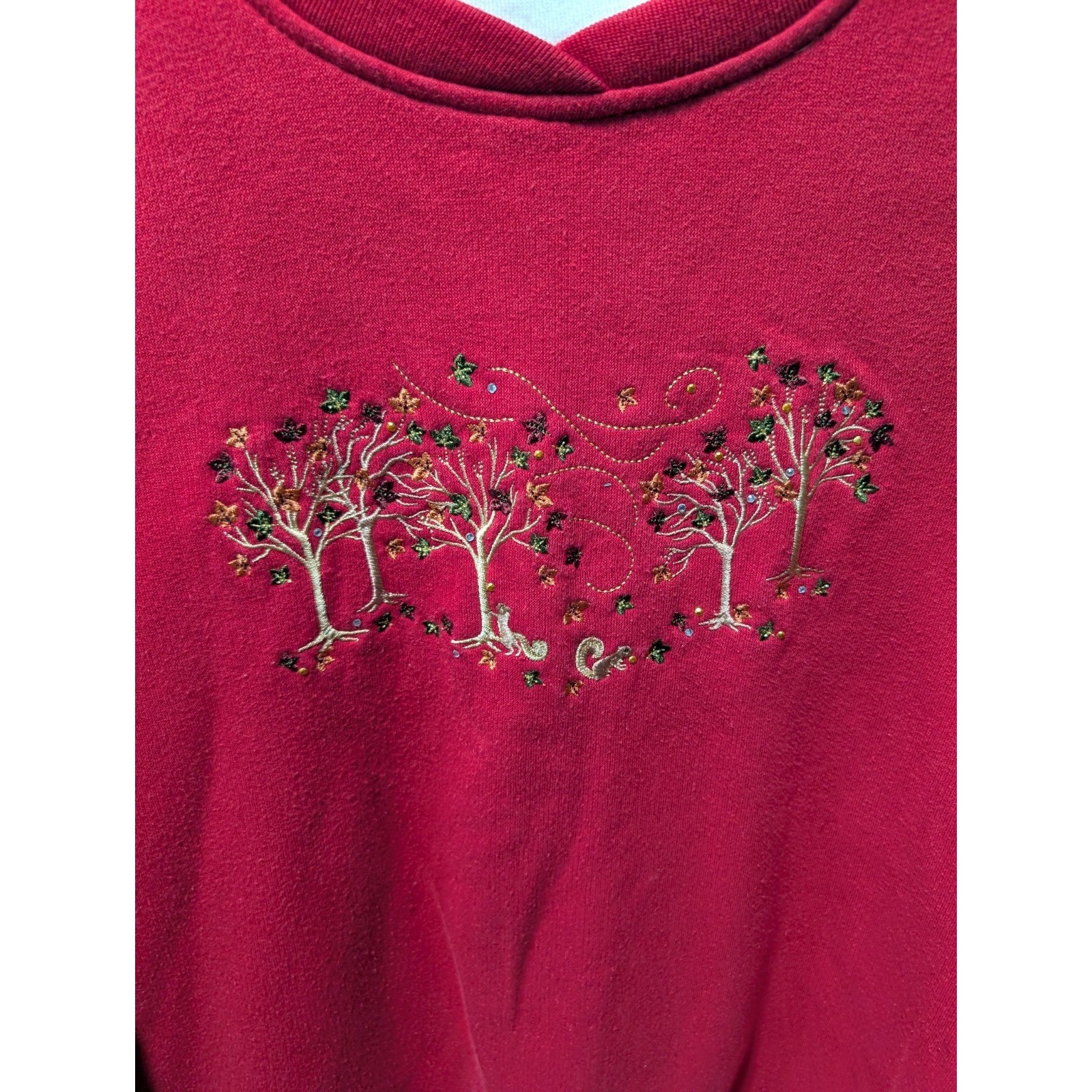 VTG Studio Works Womens Petite LG Red Fall Crew Neck Pullover Embroidery Leaves