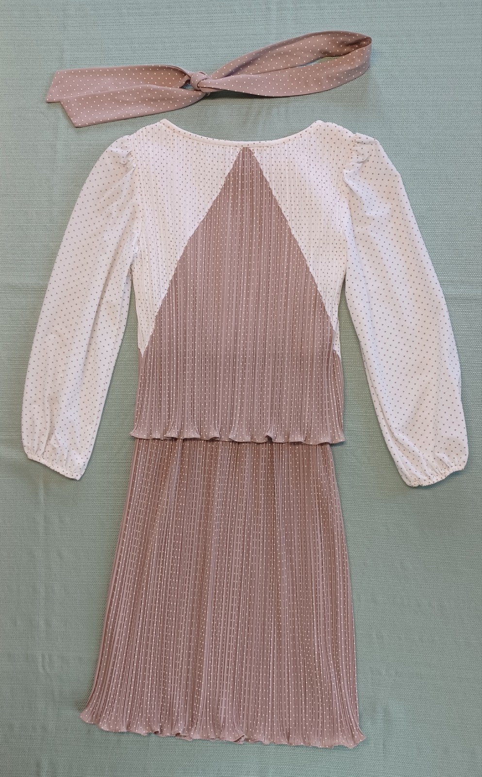 Vtg New Discoveries Union Pleated Colorblock Plisse Dress Beige/White Polka-dots