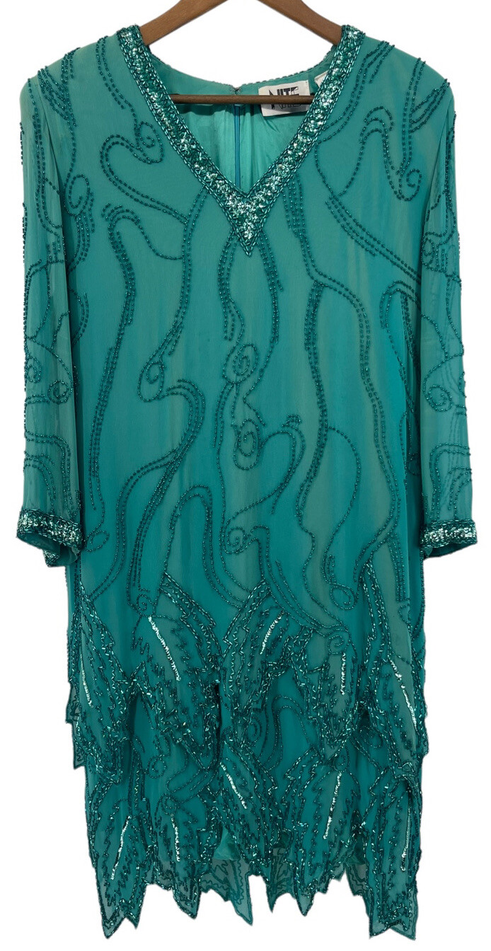 Vtg Nite Line Evening Dress Womens size 14 Aqua Silk Beaded Sequin Tiered Shift