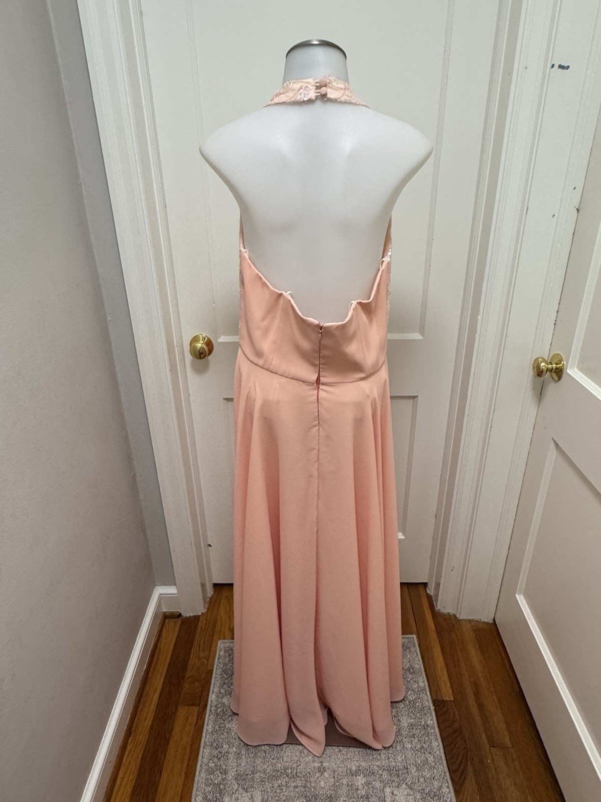 VTG 90s Faviana New York Halter Gown Peach Sequin Backless Maxi Dress Size 13/14