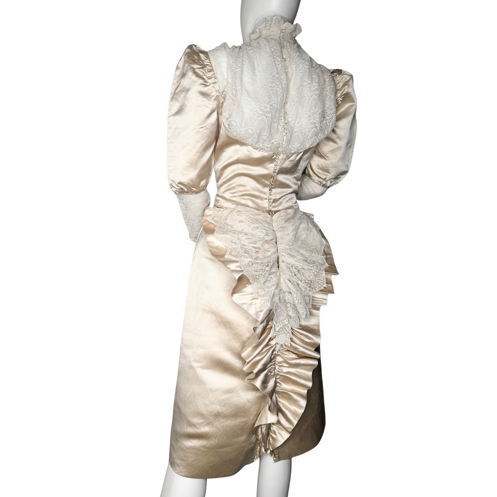 Vintage Size S Victorian Revival Wedding Dress Champagne Satin Lace Bustle Back