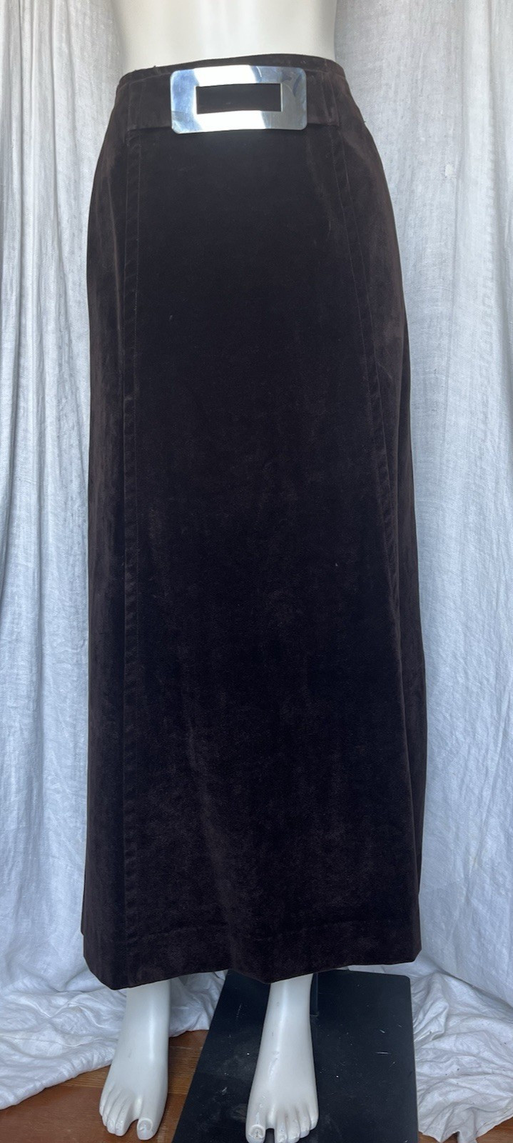 Vintage 1970s Maxi Skirt Brown Velveteen Metal Buckle Boho Hippie Grunge 70s XS
