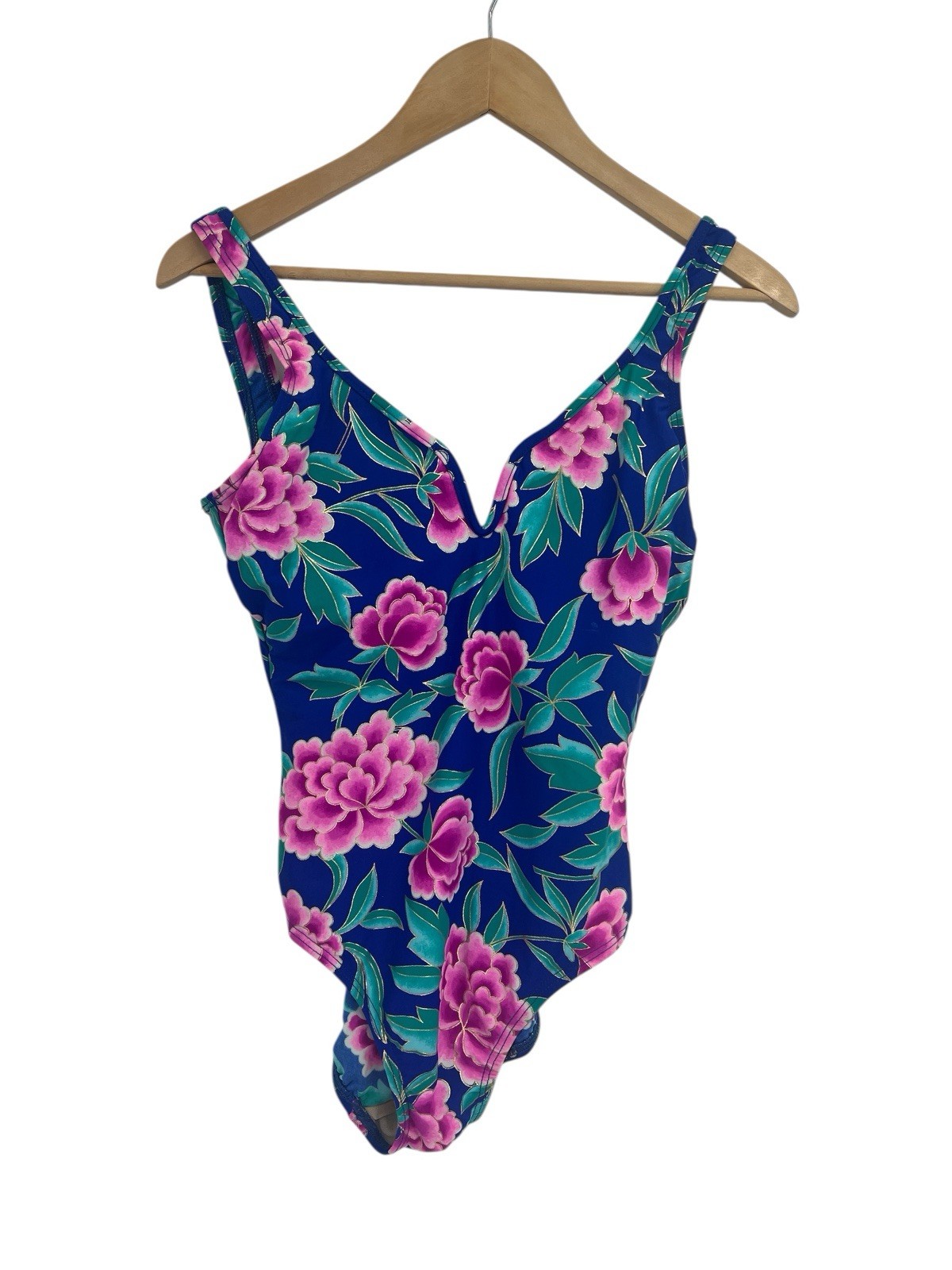 Vintage 90s Dead Stock Beach Bay Purple Floral One Blue Pink Swimsuit Size 10