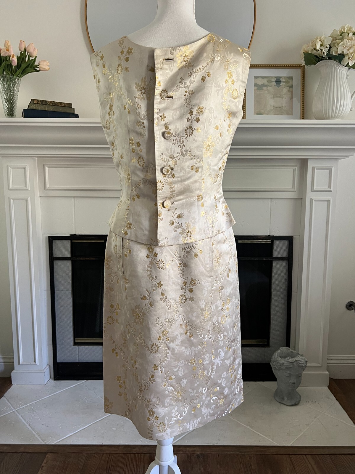 VTG Gold Metallic 2 Piece Satin Floral Brocade 60’s Evening Skirt and Top Sz M