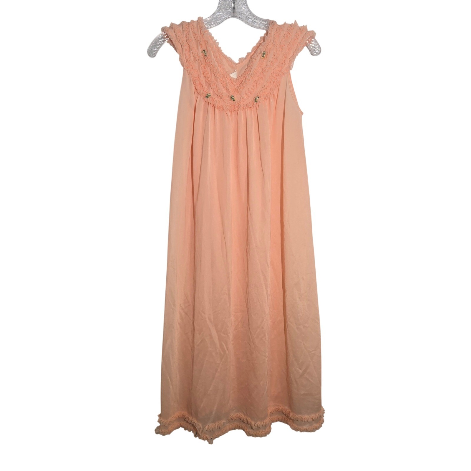 Vtg 70s M Peach Ruffled Floral Sheer Feminine Embroidered Sleeveless Nightgown