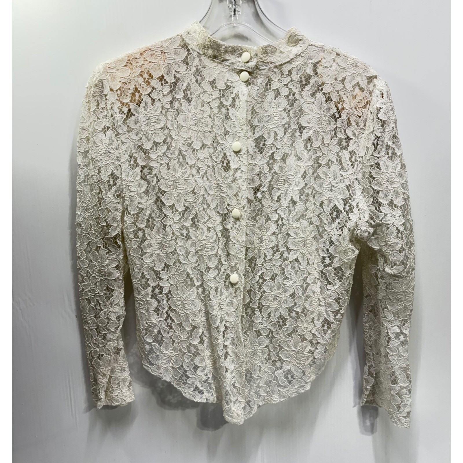 VTG Off White Floral Lace High Neck Button Blouse Sheer Beaded Back Top France