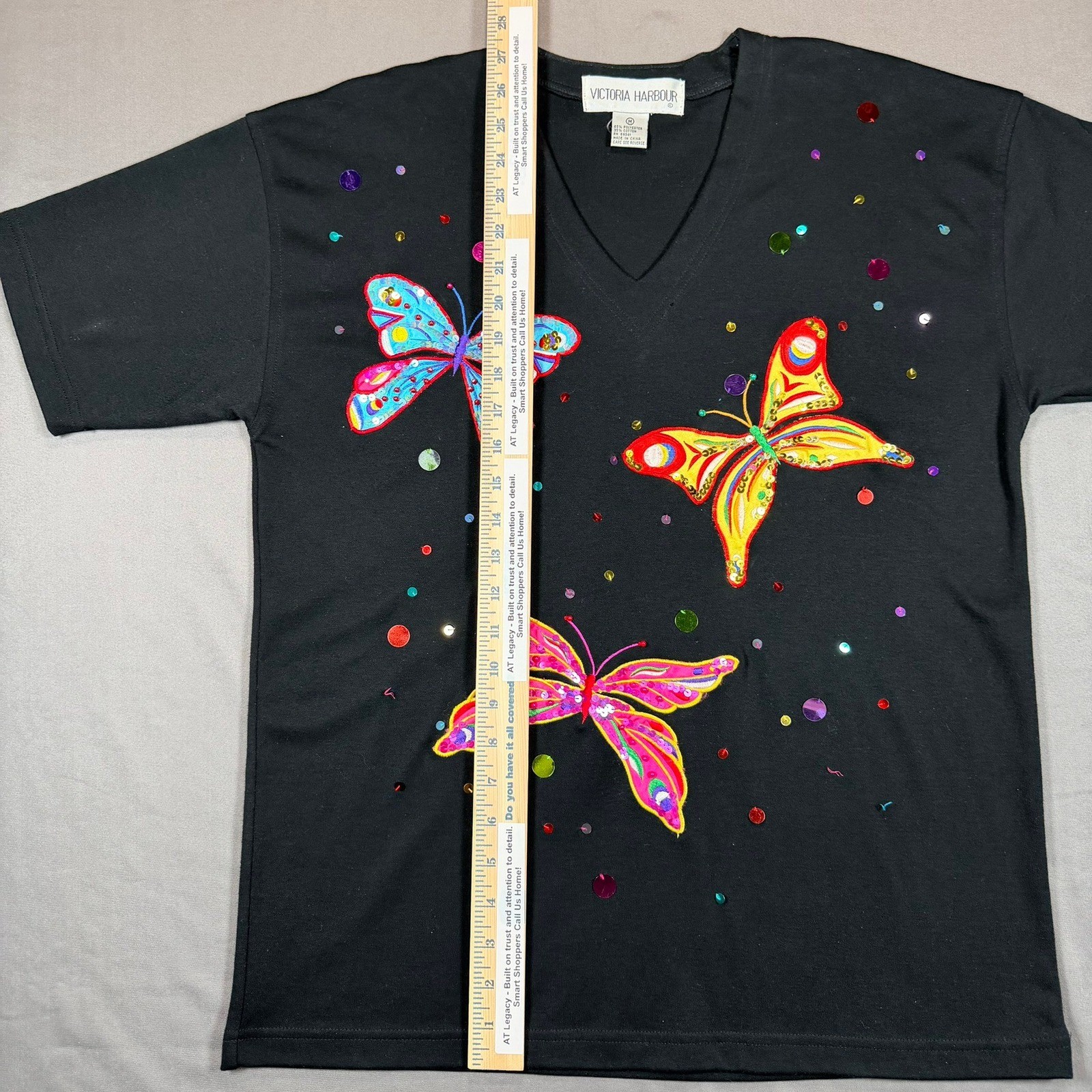 Victoria Harbour Vintage Butterfly Sequin Beaded V-Neck T-Shirt Black Womens M
