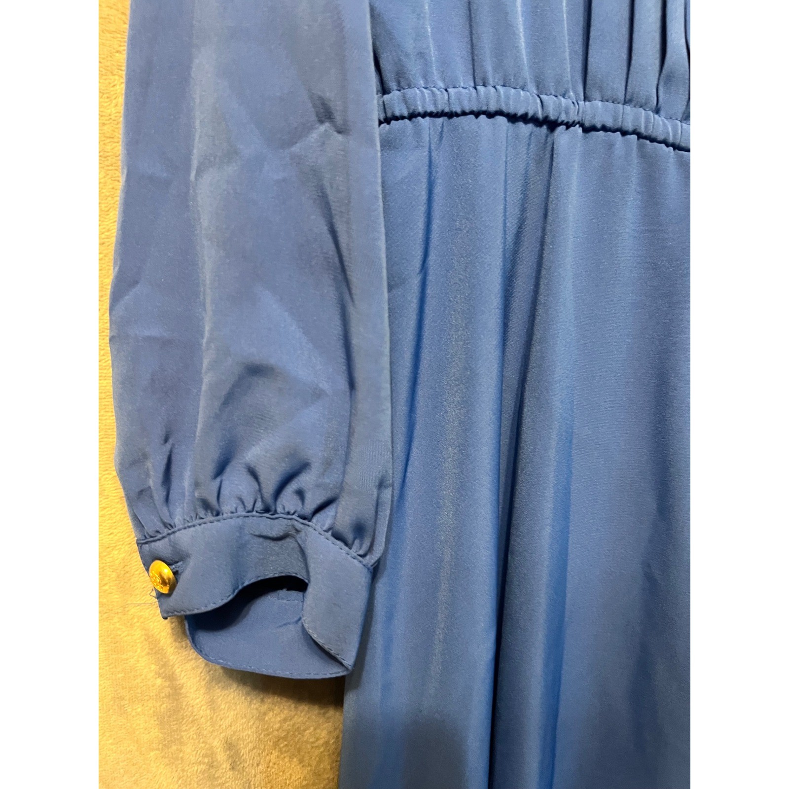 Hana Sung Blue Midi Dress Gold Buttons Belt Accent Pleated Vintage Korea Size 10