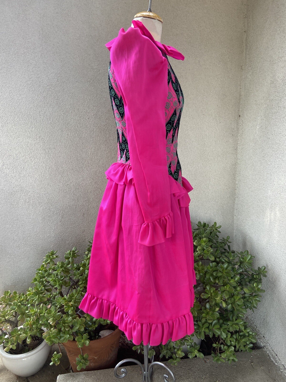 Vtg Amen Wardy designer neon chiffon dress ruffles embroidery XS/S P