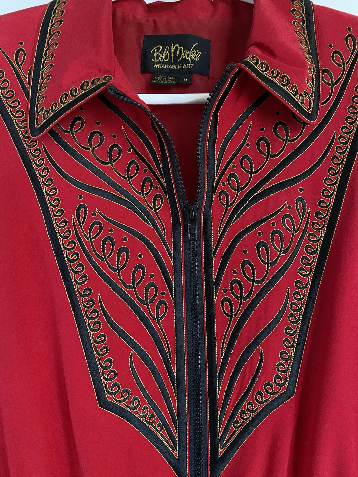 Vtg Bob Mackie Wearable Art 100% Silk Embroidered Zip Top, Drawstring Waist, M