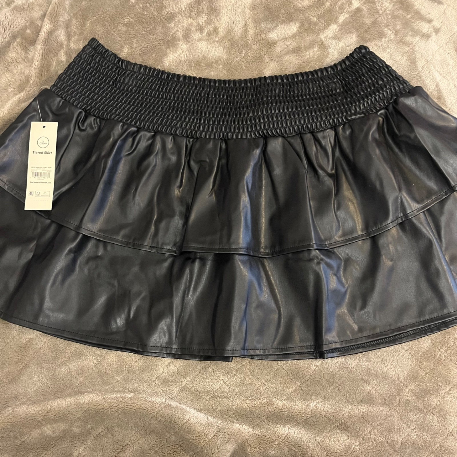 No Boundaries Black Faux Leather Tiered Mini Skirt Size L 12-14 NEW Y2K club