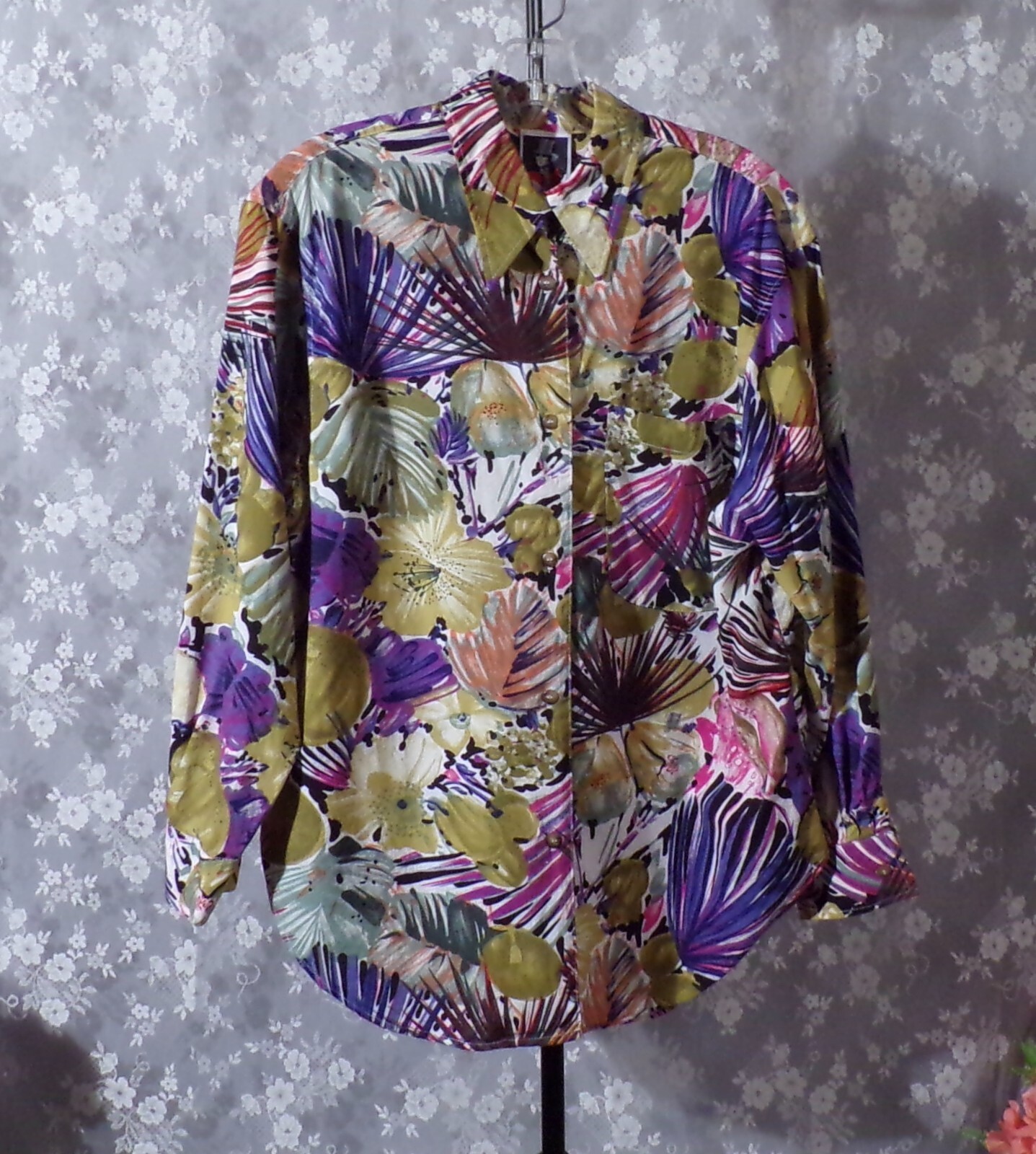 Vintage 80s Floral Top Size Medium 1980s Tropical Vacation Cruise Fashion Blouse