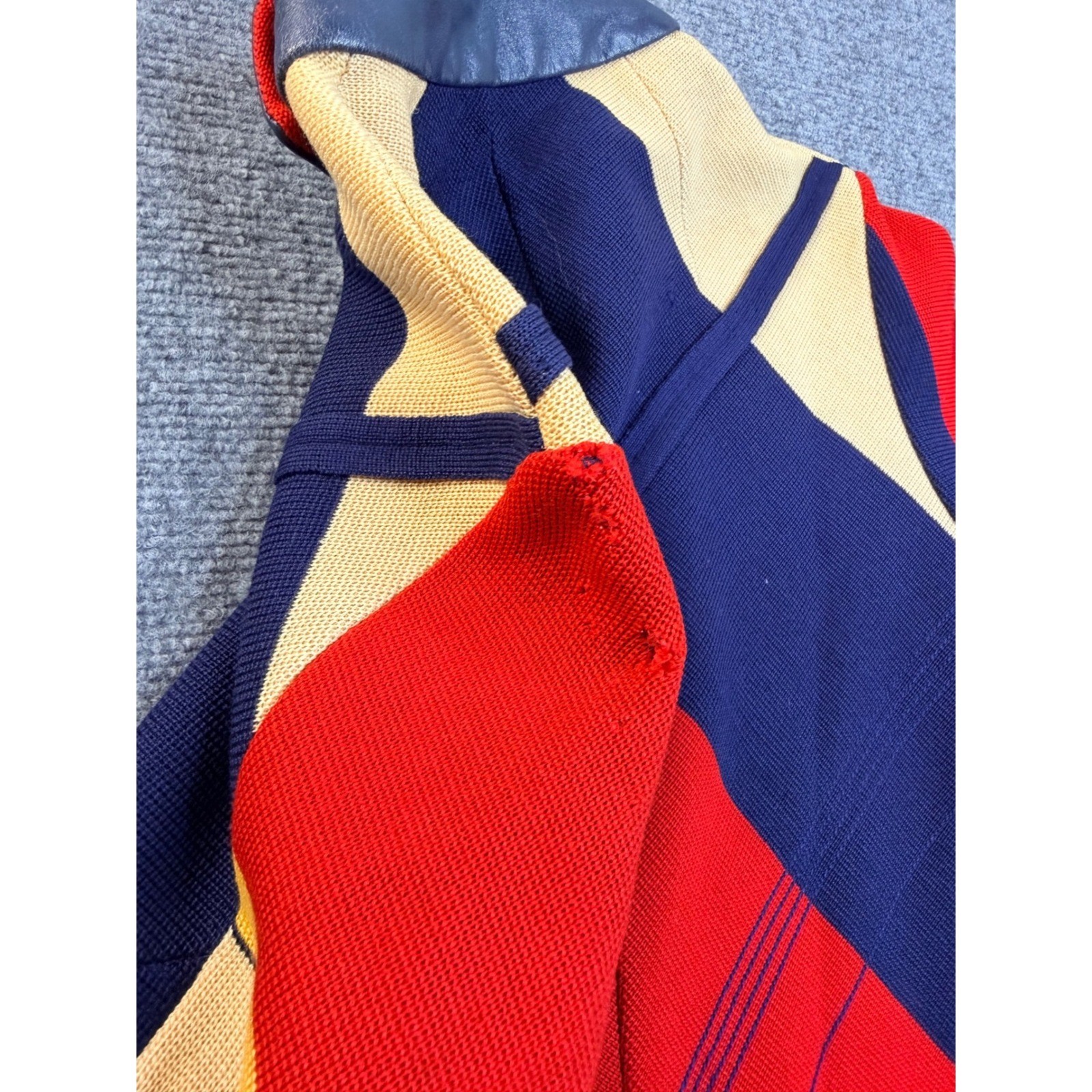 Vintage Geometric Colorblock Knit Cardigan Sweater Jacket Red Blue Yellow Small