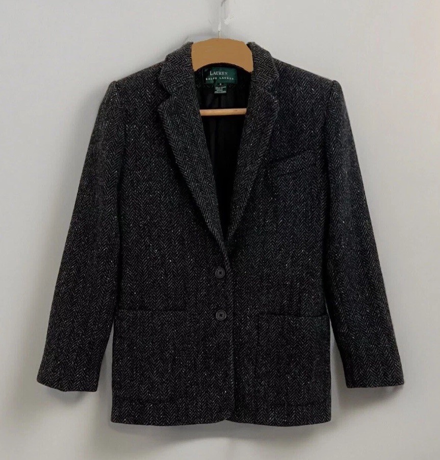 Vtg LAUREN RALPH LAUREN Wool Blazer 6 Herringbone Jacket Black Gray Old Money