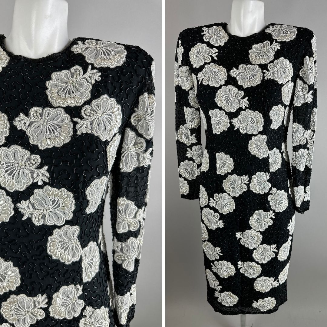 Vintage 90s Riazee Naeem Khan Dress Beaded Floral Silk Long Sleeve Black Size 10