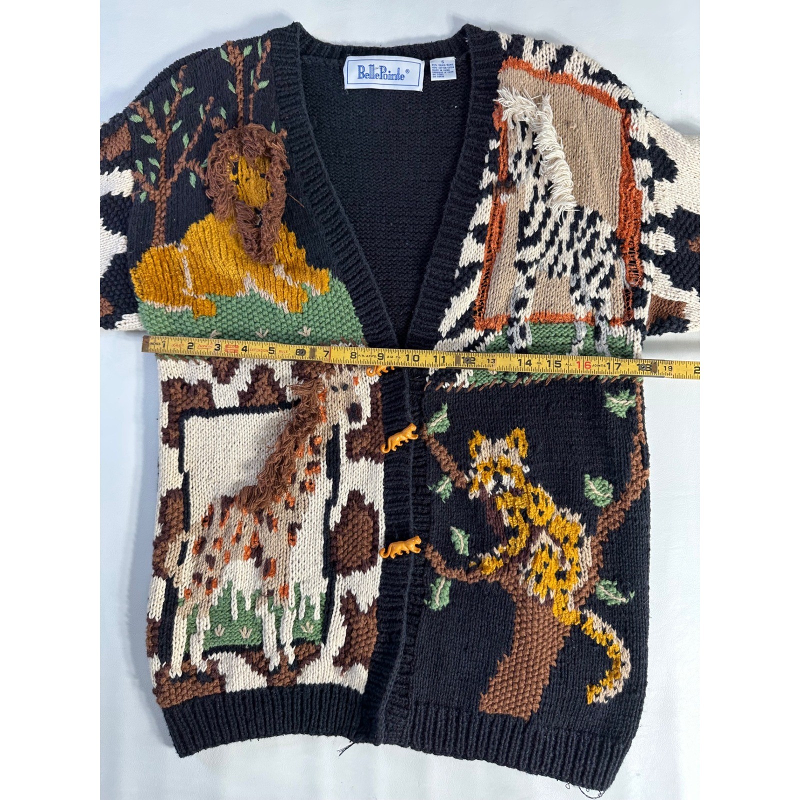 BellePointe Vintage Safari Animal Intarsia Chunky Knit Cardigan Sweater Black S