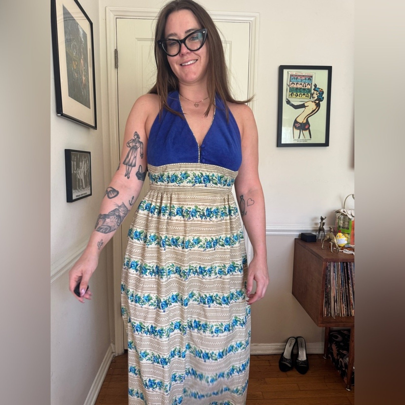 70s Vintage Blue and Cream Floral Halter Maxi Dress