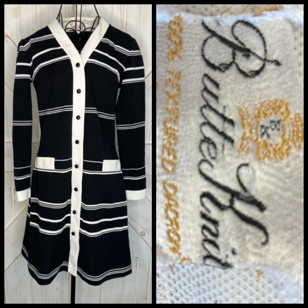 60’s Vintage Butte Knit Black White Stripe Jackie Mod Go Go Twiggy Mini Dress