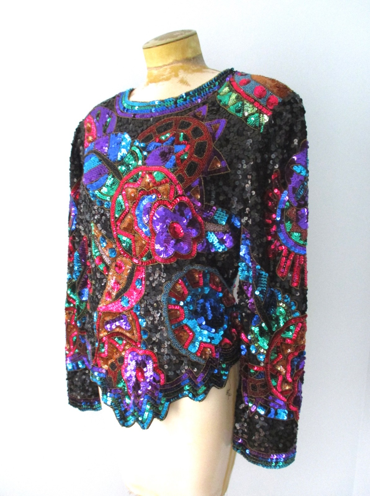 Vtg 80s Laurence Kazar full sequin rainbow evening peplum top big shoulders XL