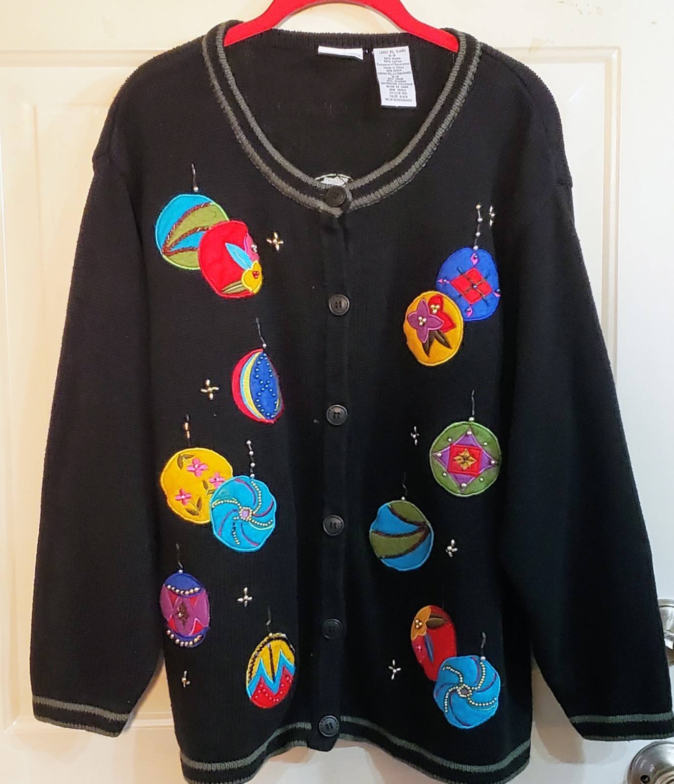 VTG Ugly Bobbie Brooks XL Christmas Sweater Cardigan Beaded Felt Ornaments Black