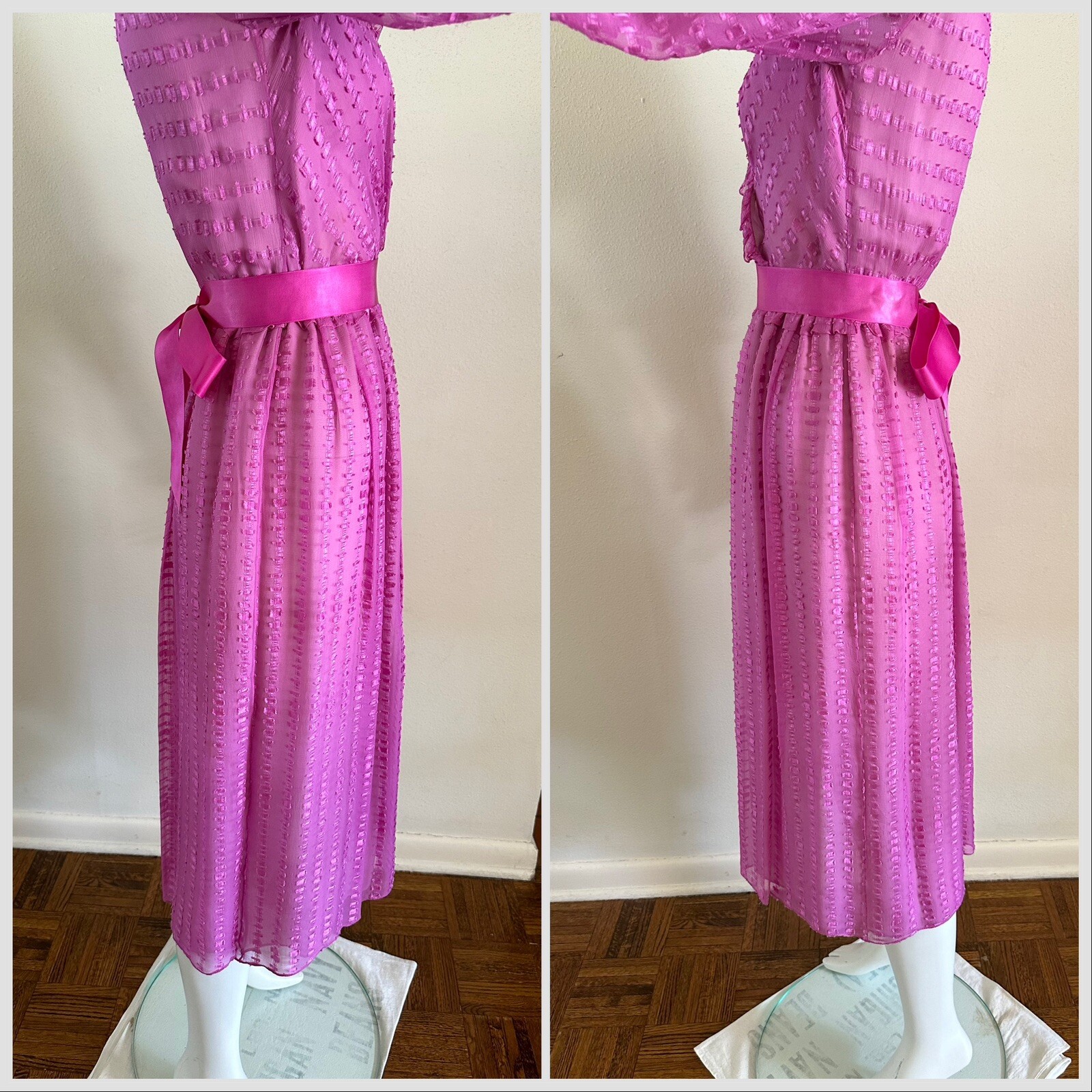 1980s Neiman Marcus Pink Sheer Ruffle Wrap Dress Ribbon Belt Petite Vintage
