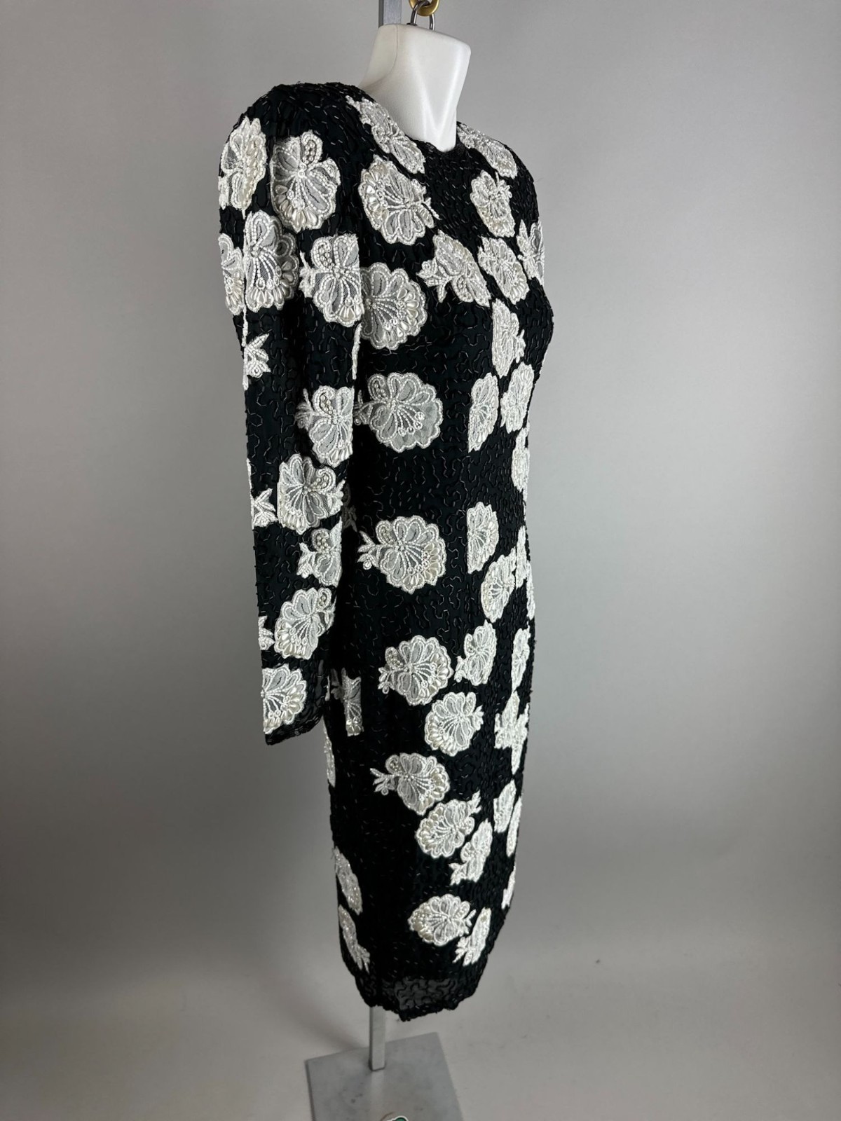 Vintage 90s Riazee Naeem Khan Dress Beaded Floral Silk Long Sleeve Black Size 10