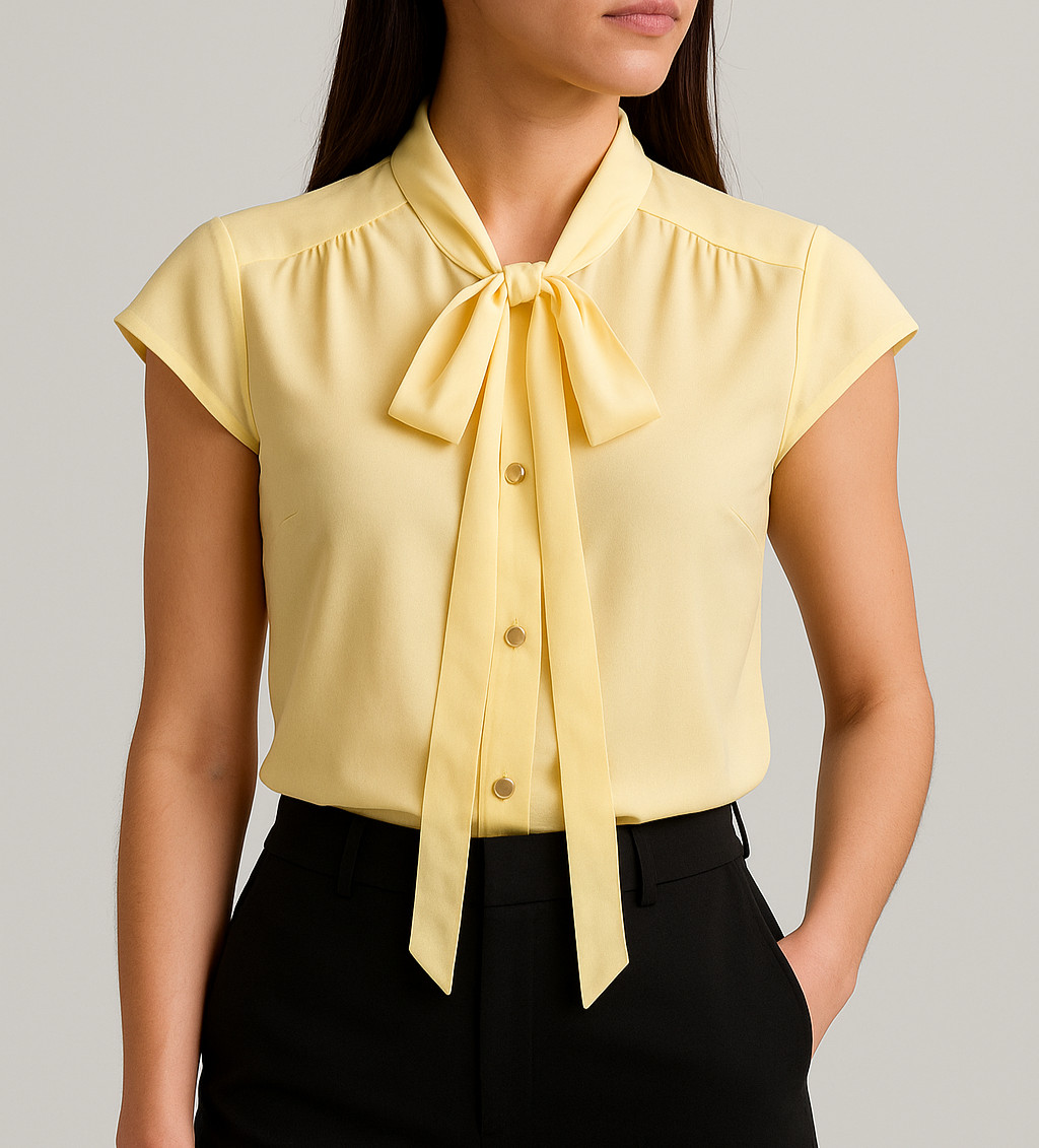 VTG JCPenney Womans Pussybow Blouse Size 8 Yellow Office Preppy Career Romantic