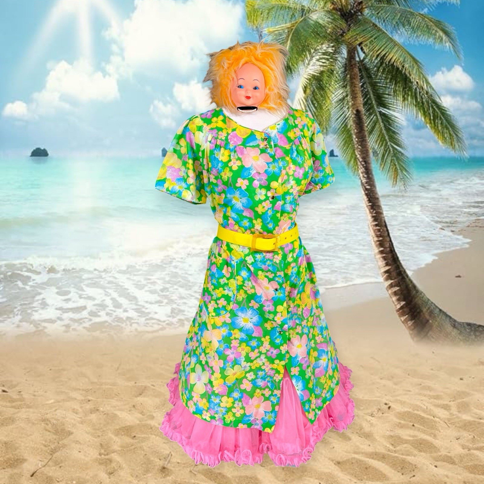 VTG 1960s MUUMUU FLOWER POWER HAWAIIAN HOUSE DRESS HIPPIE MOD ROCKABILLY W/ BELT