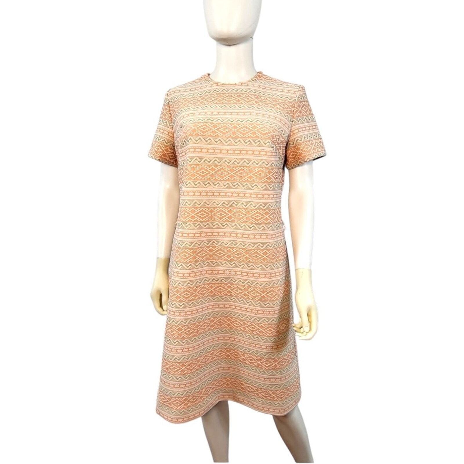 70s Lady Carol Orange Sherbet Tan Geo Print Poly Knee Length Shift Dress Large