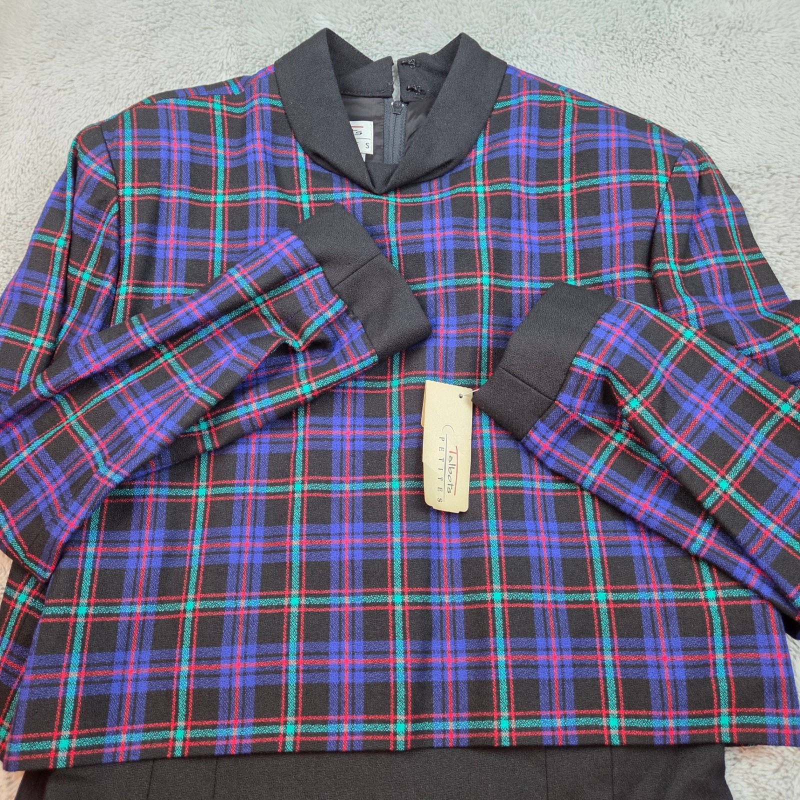 Vintage Talbots Plaid Sheath Dress Womens 8P Black Purple Wool Blend Mock Neck