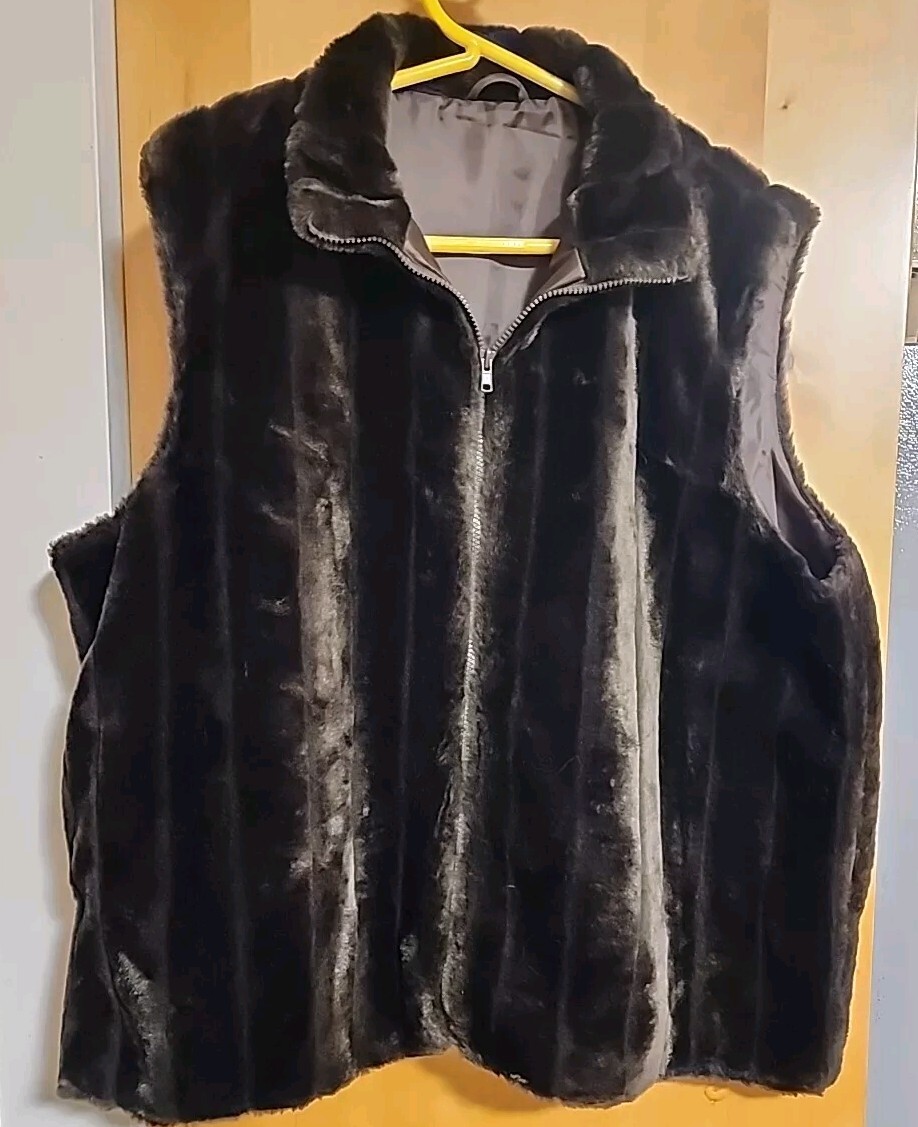 VTG Faux Fur Vest Women’s Full Zip DARK Brown Black Sleeveless sz XL Big&Tall
