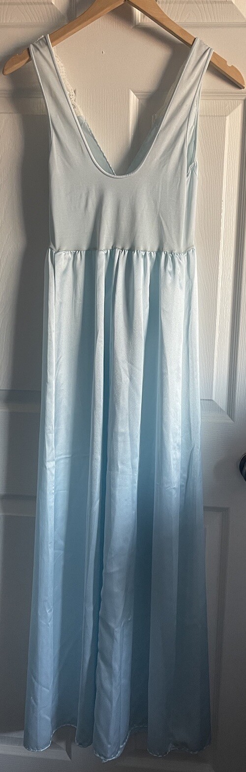 VTG Olga Designer Collection Gold Label Nightgown S Gown Satin Lace Blue 92195