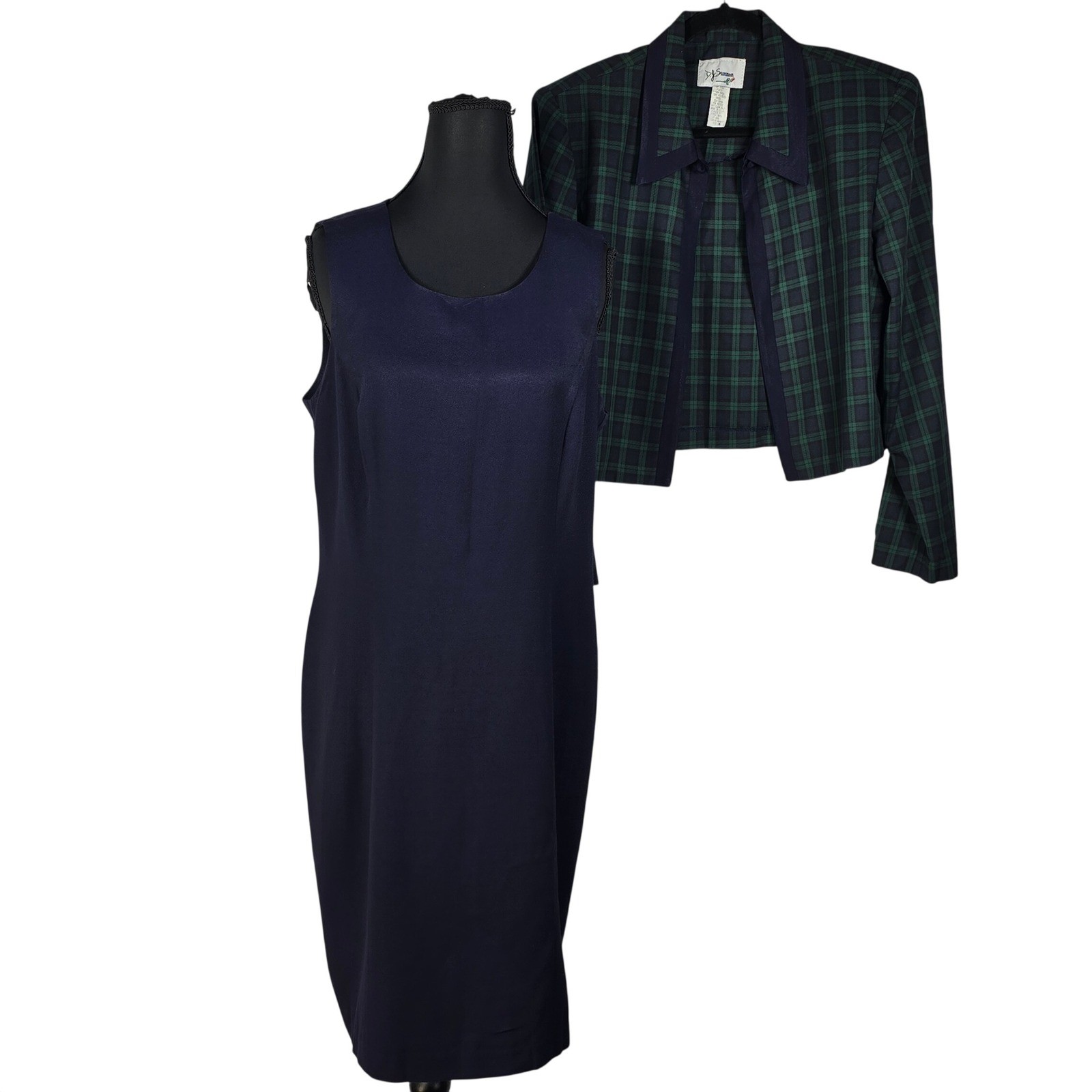 VTG D.J. Summers Womens Plaid Blazer and Navy Sheath Dress 2 Piece Set Size 14