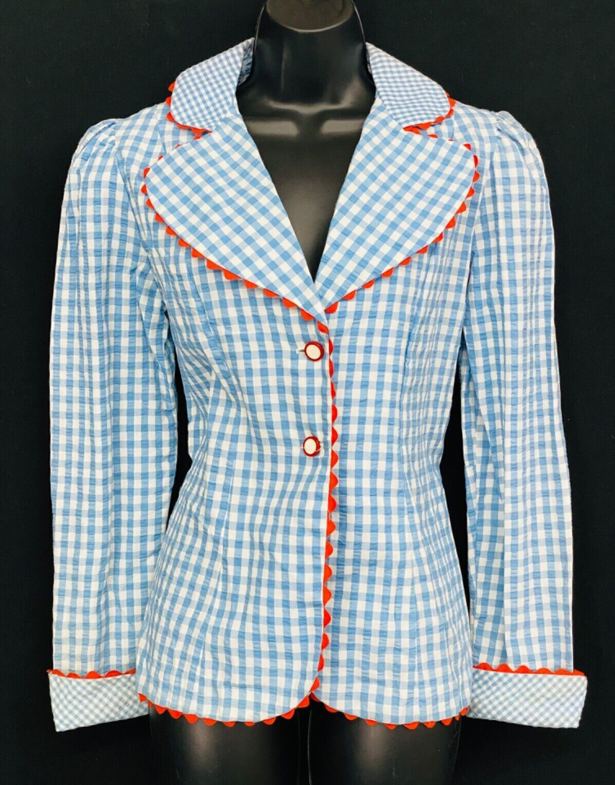 Vintage 1970s blue gingham jacket, cotton seersucker blazer, puffed sleeves red