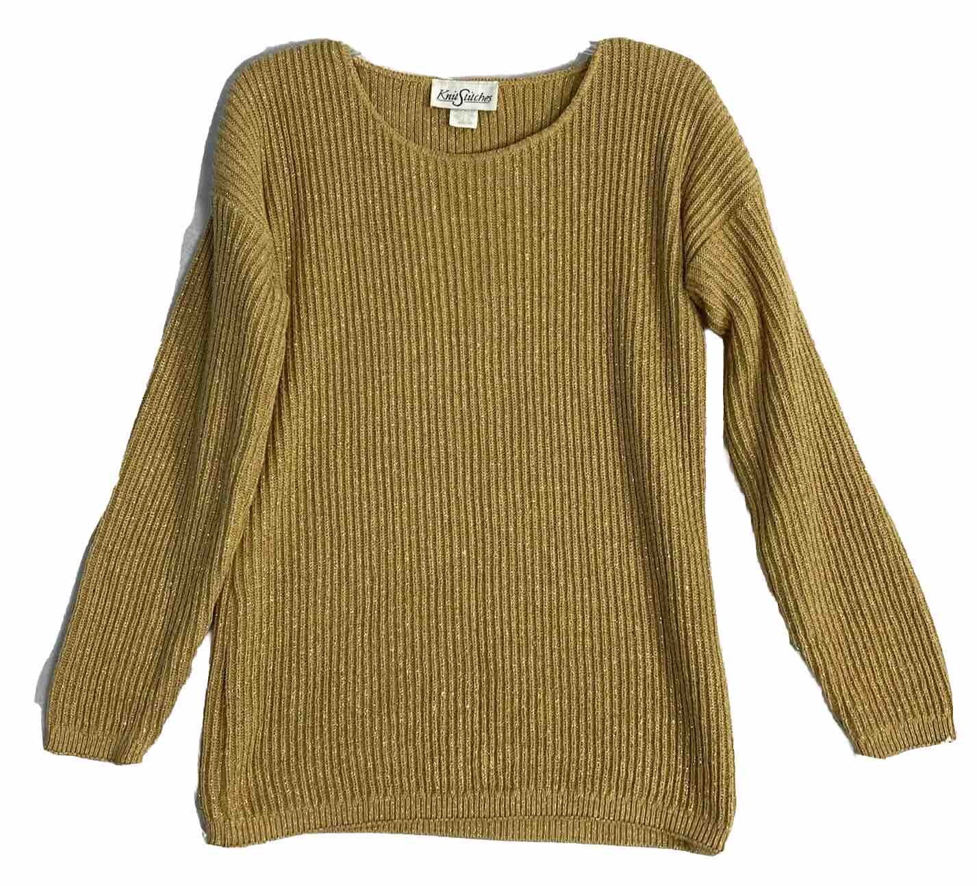 VTG Gold Ribbed Sweater Knit Womens Size M USA Knit Stitches Metallic L/S 90s