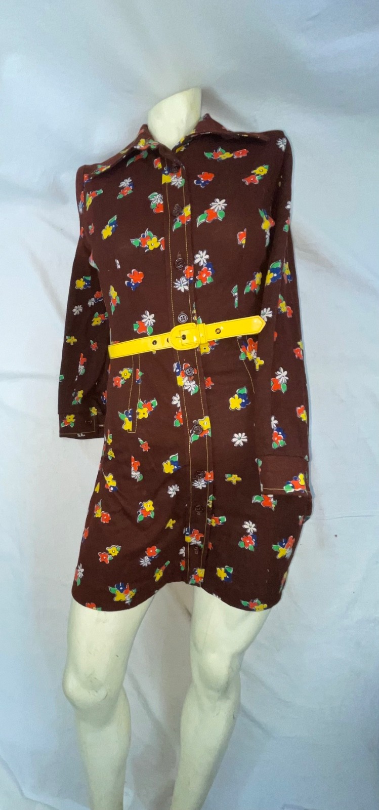 VTG 60S 70 WOMENS BROWN CUTE BABY DOLL MOD GOGO DISCO BUTTON FLOWER PRINT DRESS