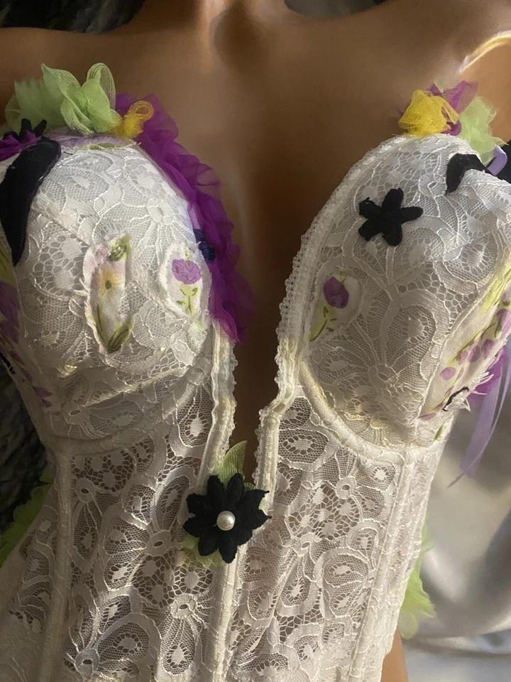 Vtg Dollcore CORSET BRA Festival BUSTIER Sissy Patchwork BOWS COACHELLA 38D