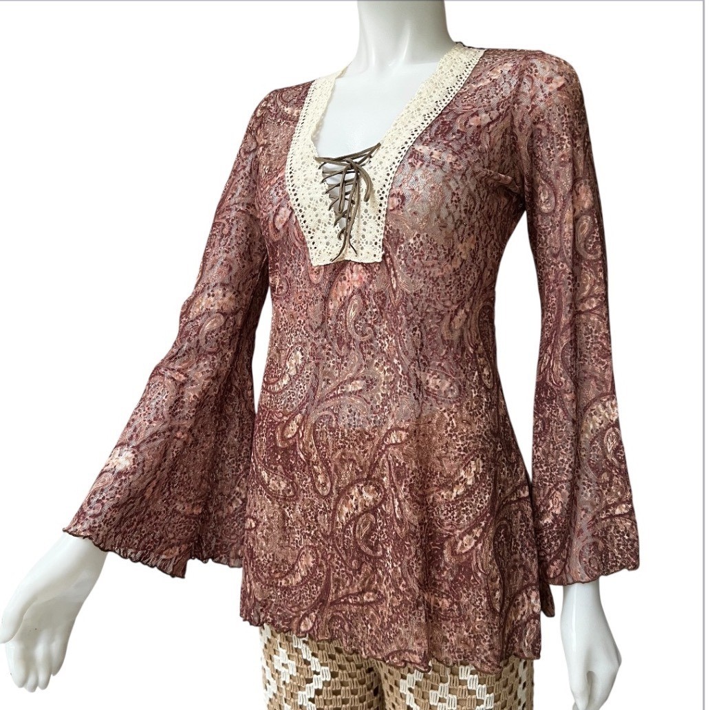 Vtg 90s Bisou Bisou Paisley Lace Bell Sleeve Top Boho S Whitchy Whimsygoth USA