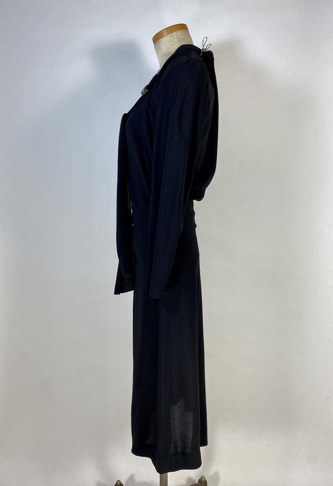 Vintage 1940’s black wool crepe dress with neckline tie & beading embellishment