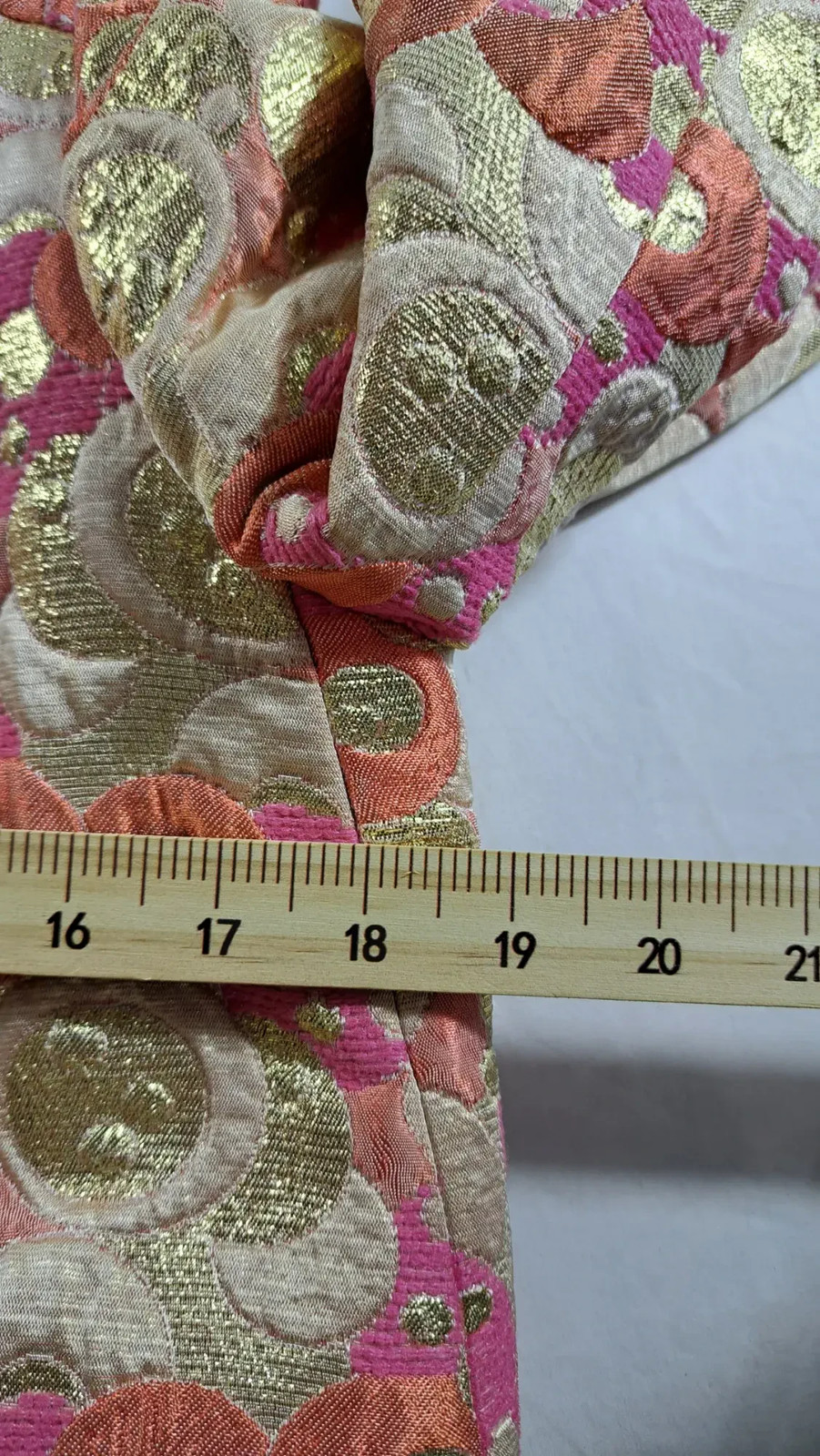 Vintage Women’s Brocade Jacket Skirt Set Pink Gold Metallic Circle Pattern