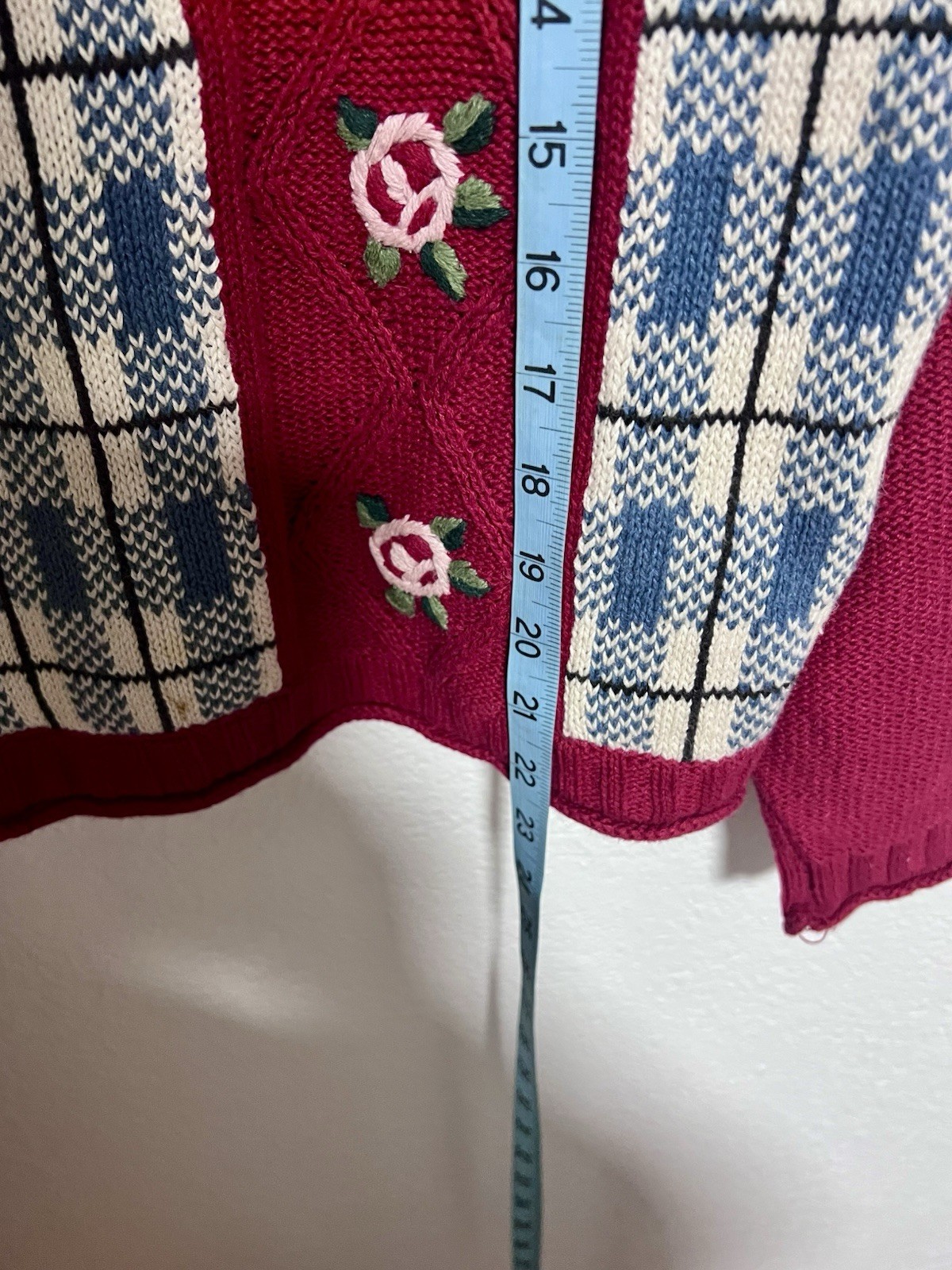 Vtg 80s Crazy Horse Sm Red Sweater Rose Embroidered Plaid Novelty Knit