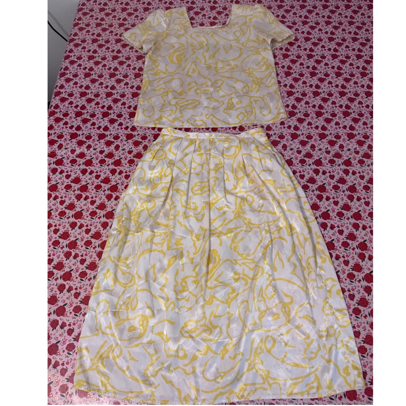 Vintage J. Gallery Yellow White Abstract Print 2 Piece Skirt Set Size 9/10 e3