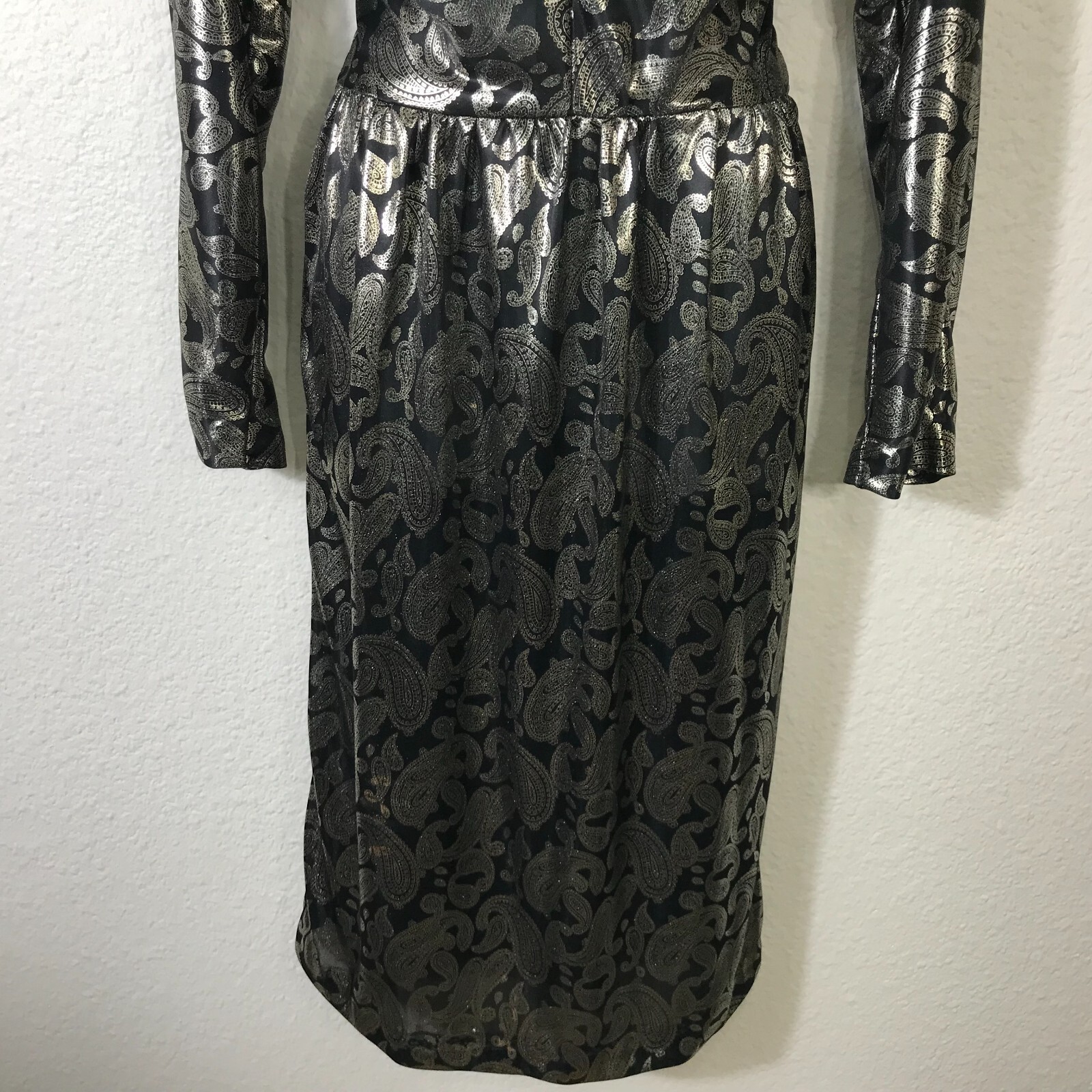 Vintage 80s Homemade Silver Lame Dress XS Paisley Lame Long Sleeve Semi Sheer